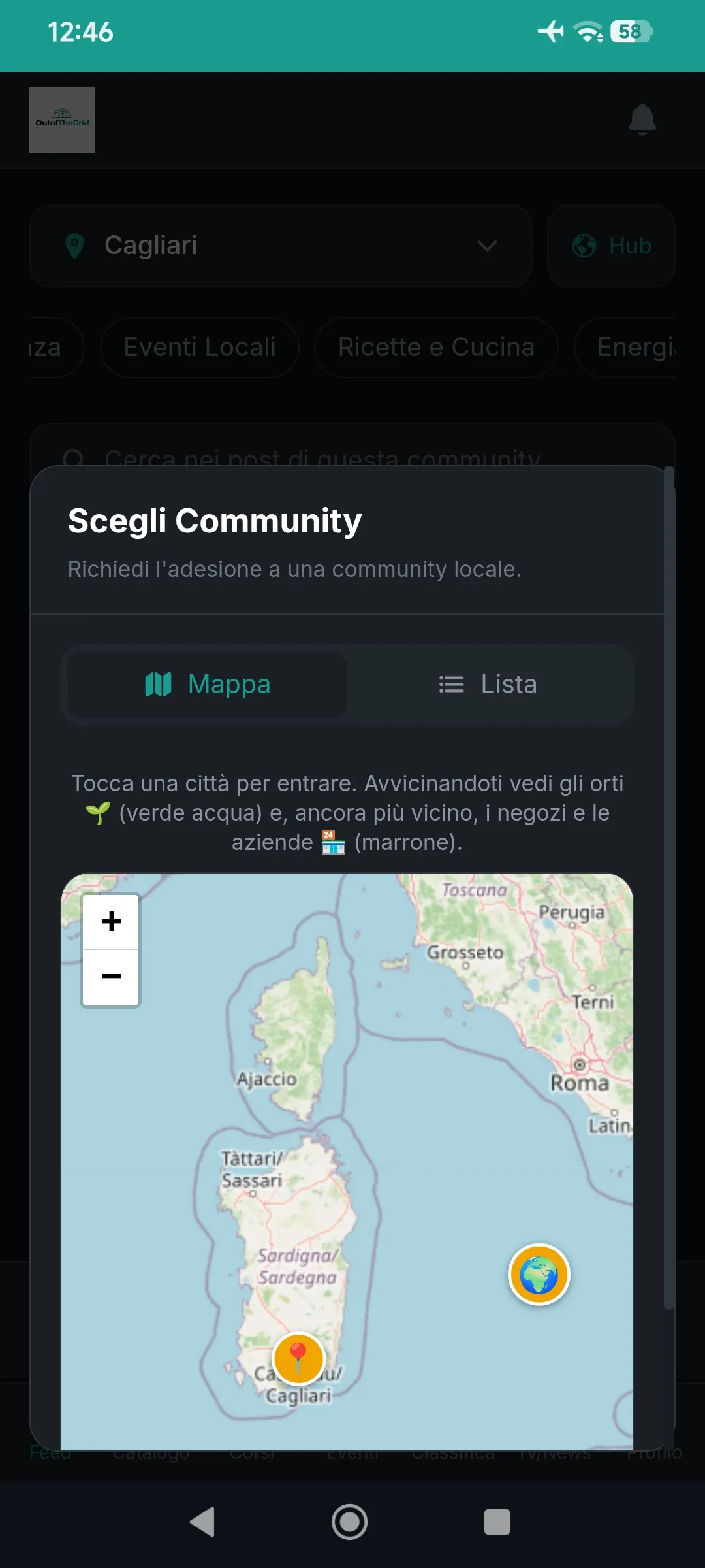 Mappa delle community locali con località, orti e attività vicine