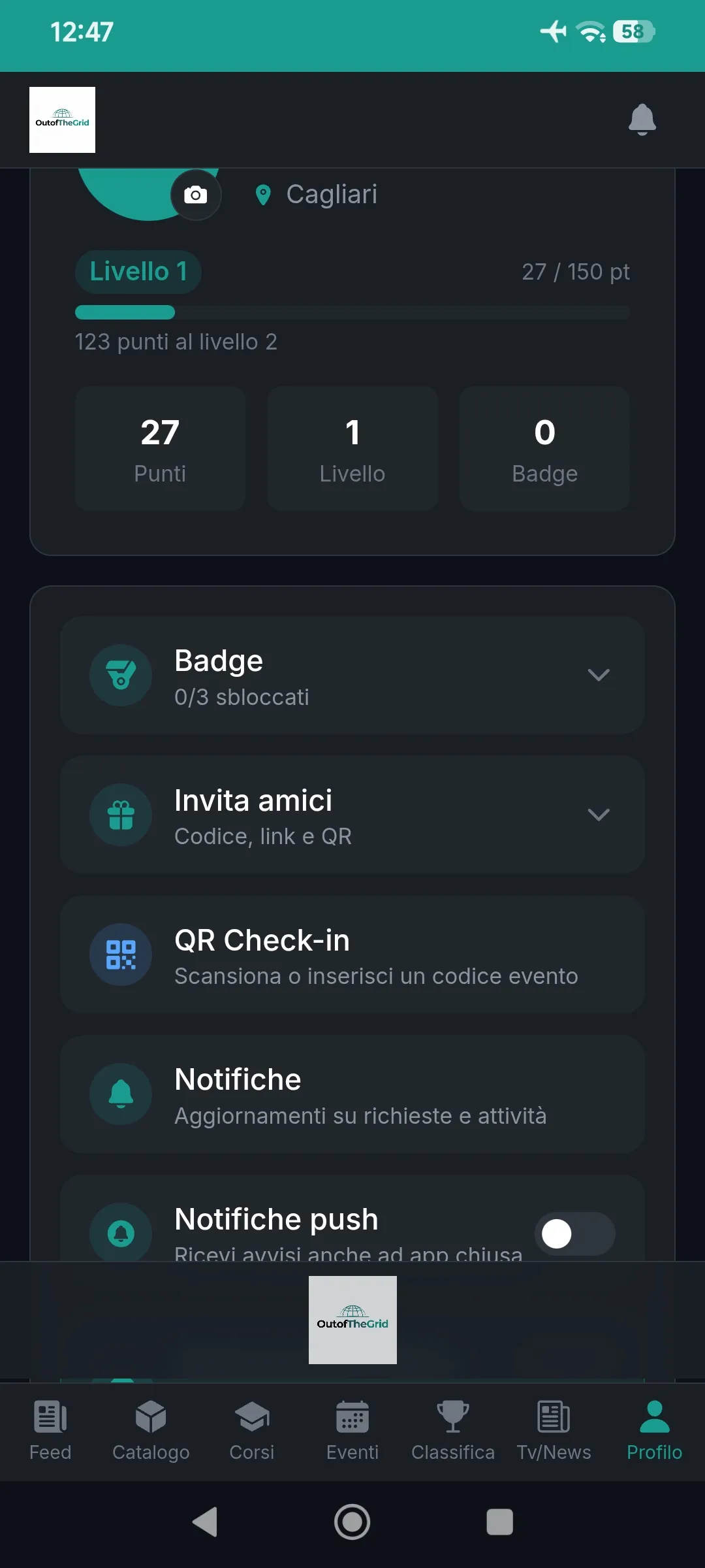 Profilo OutOfTheGrid con livello, punti, badge e impostazioni personali